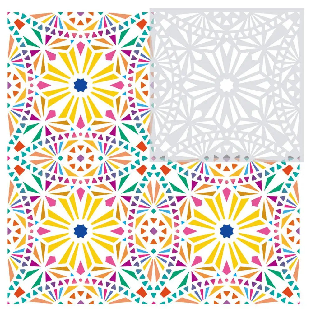 stencils géométriques motifs floraux décoration murale panneaux artistiques illusions optiques assiettes décoratives motifs traditionnels