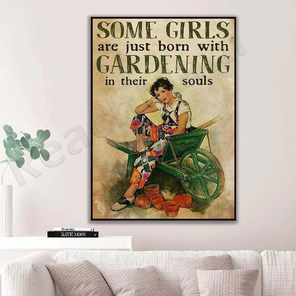 Toile d'art vintage illustration femme jardinage pots fleurs pelle verte beige noire blanche