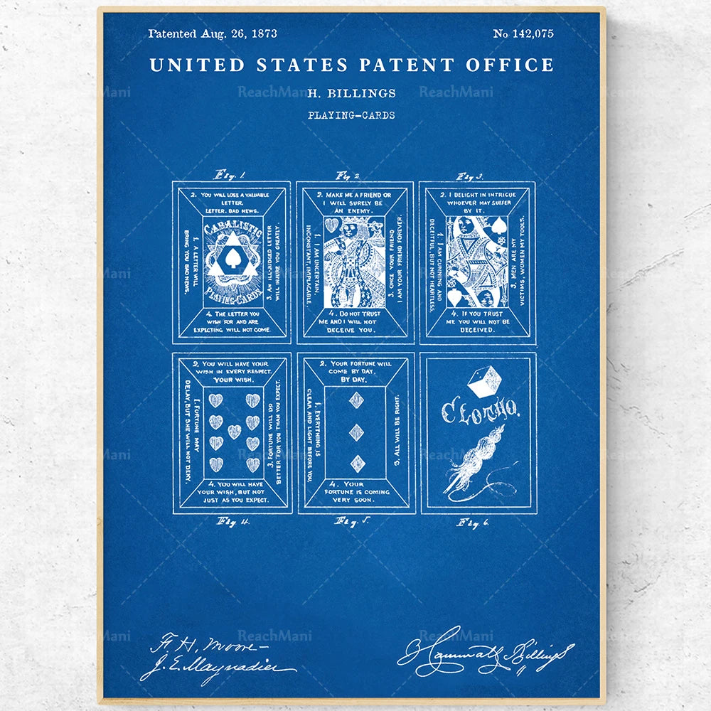 Cette image montre le brevet délivré en 1873 pour les cartes à jouer par H. Billings, comprenant des motifs et des prédictions typiques des jeux de cartes.