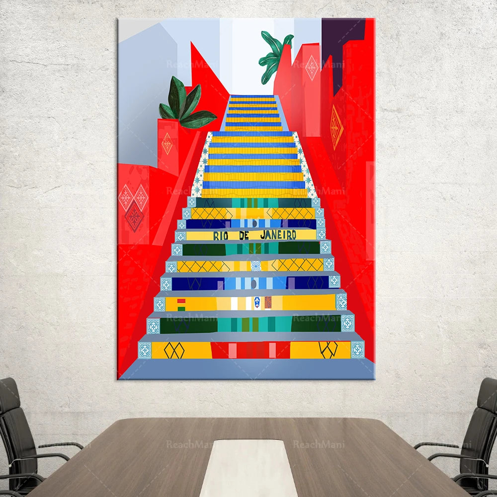 Un escalier coloré menant à Rio de Janeiro, avec des motifs géométriques et des éléments végétaux.