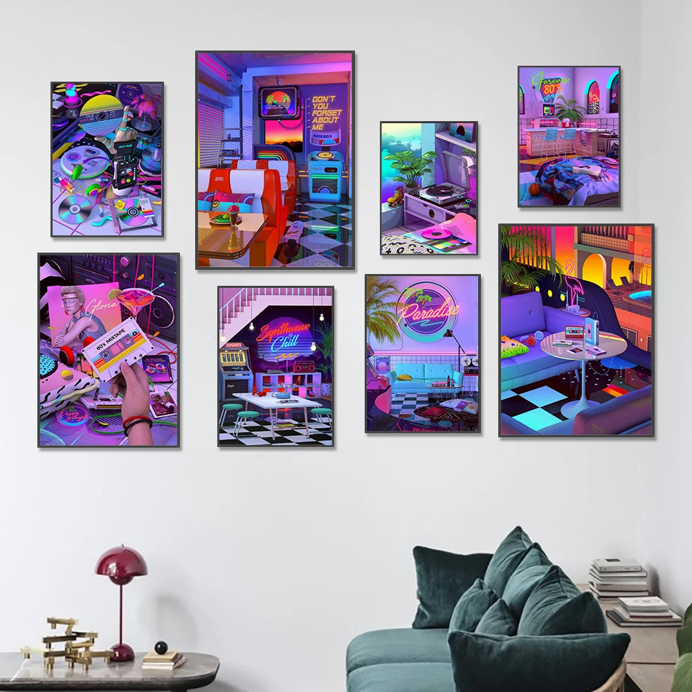 Une collection d'affiches colorées et rétro-futuristes représentant des scènes urbaines animées et une ambiance pop art.