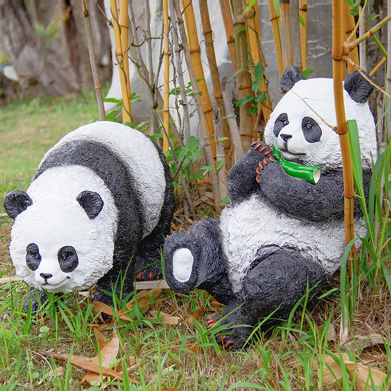 statues panda peluche lumineuses extérieures étanches noir blanc feuilles bambou moderne
