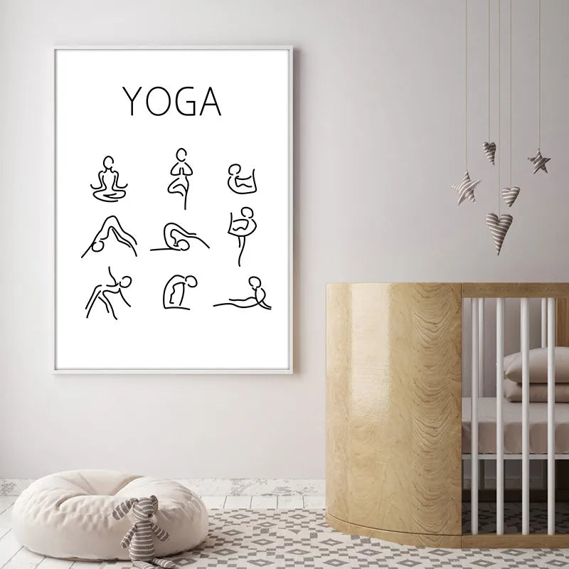 affiche yoga blanc noir minimaliste posture texte salon décoration mur moderne illustration frame toile