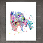 Une représentation abstraite et colorée d'un poisson, composée de lignes, de formes et d'éclaboussures aux couleurs vives.