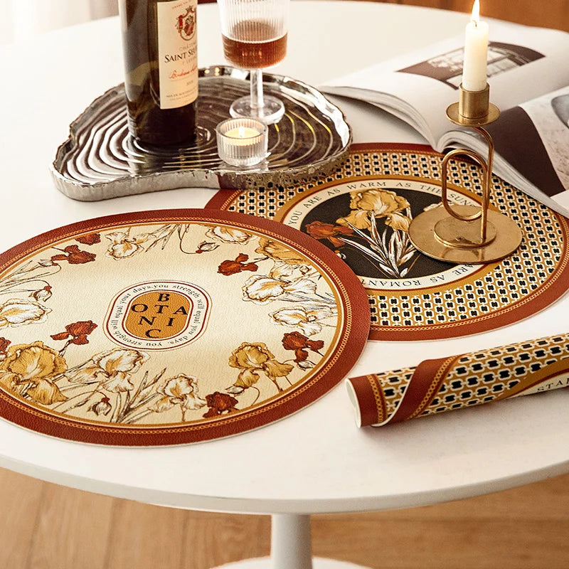 tapis table rond protection anti dérapante pvc respectueux environnement beige marron fleurs stylisées élégant