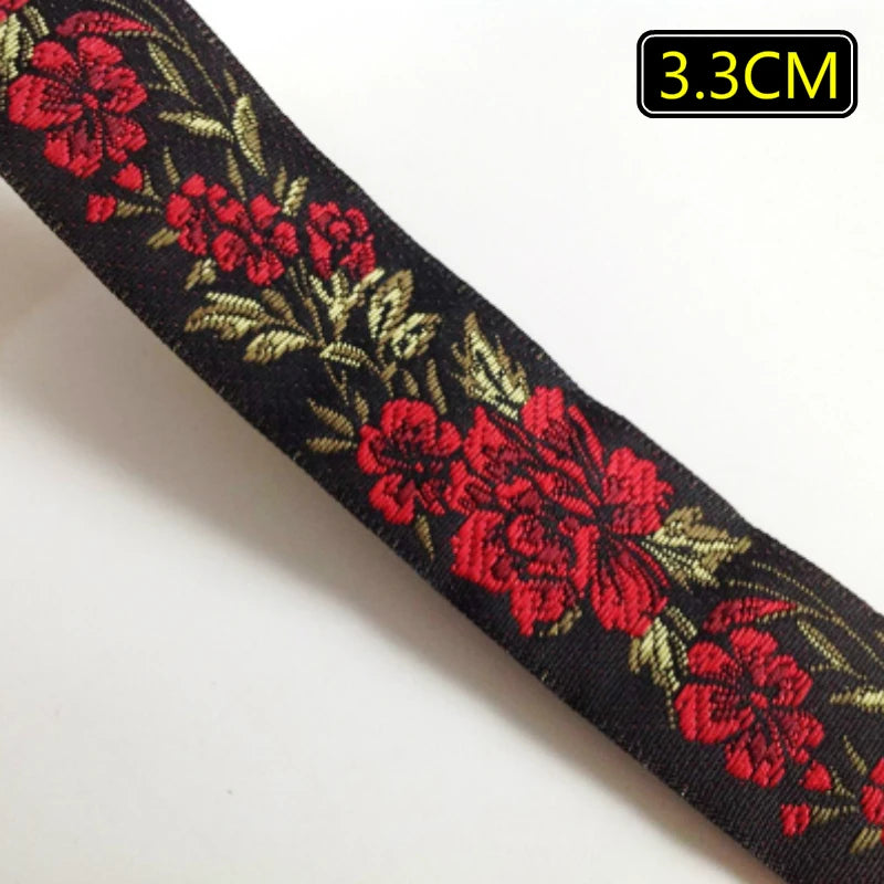 ruban polyester fleurs brodées noir rouge vert 2cm 3.3cm 5cm opacité broderie 5mètres tissu