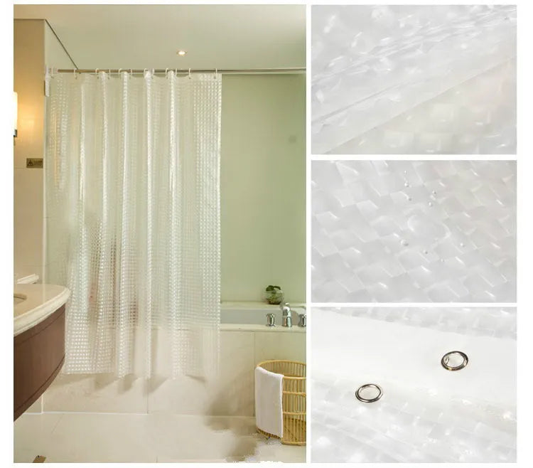 rideau douche moderne rose bleu blanc translucide texture points anneaux métalliques salle bain