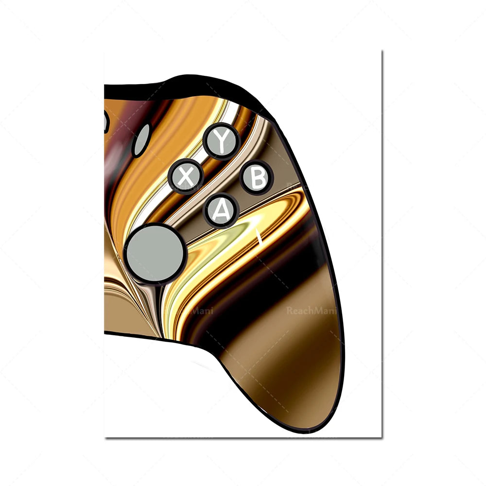 Une manette de jeu dorée et noire, avec les boutons de contrôle bien visibles.