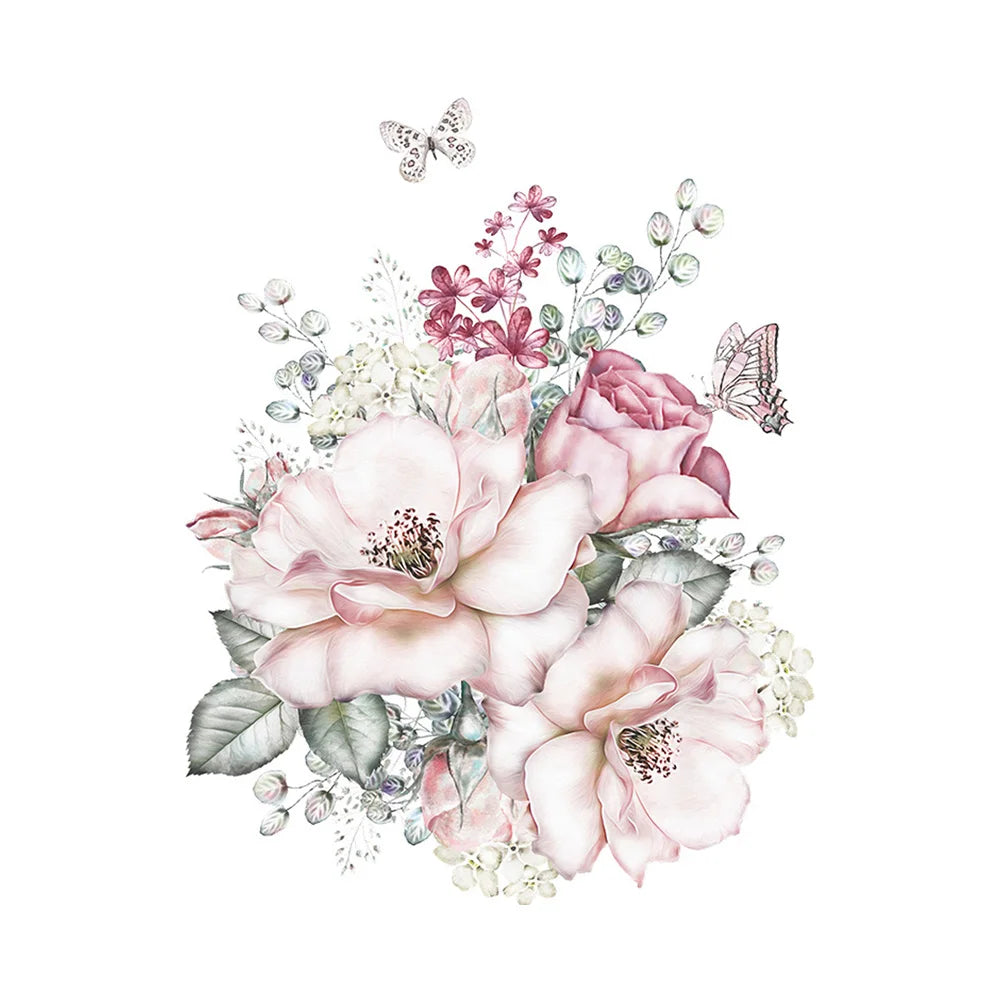 autocollant mural fleurs papillons romantique couleur rose blanc vert gris dimension 50cm 37cm résistant