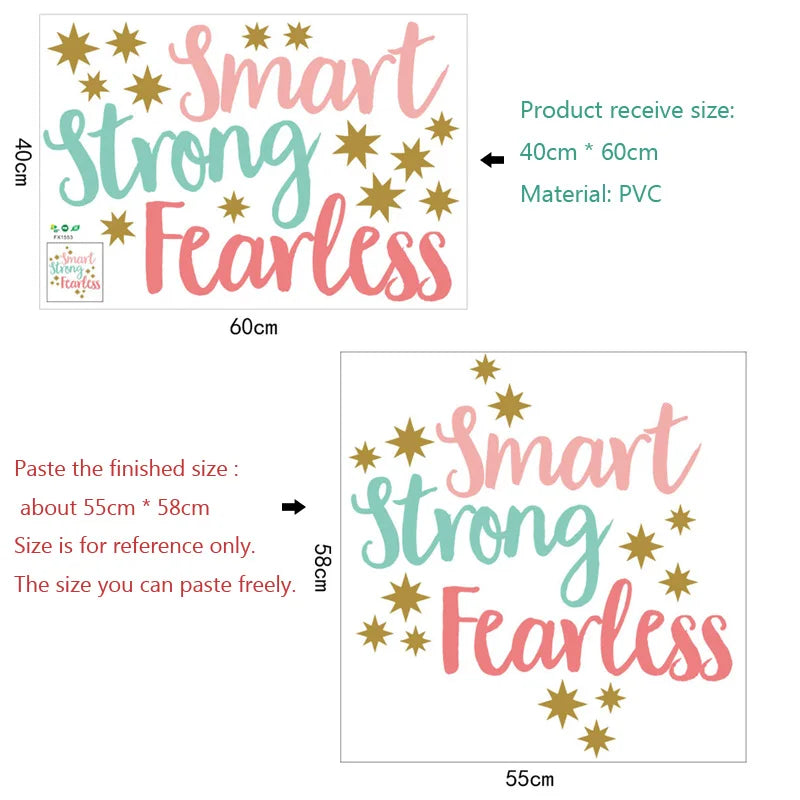 sticker mural moderne smart strong fearless étoiles dorées enfantin rose bleuclair opaque chambre coucher