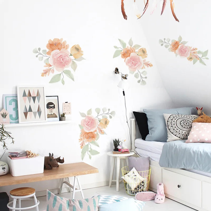 stickers muraux fleurs watercolor rose beige vert clair autoadhésifs intérieur décoration florale chambre salon
