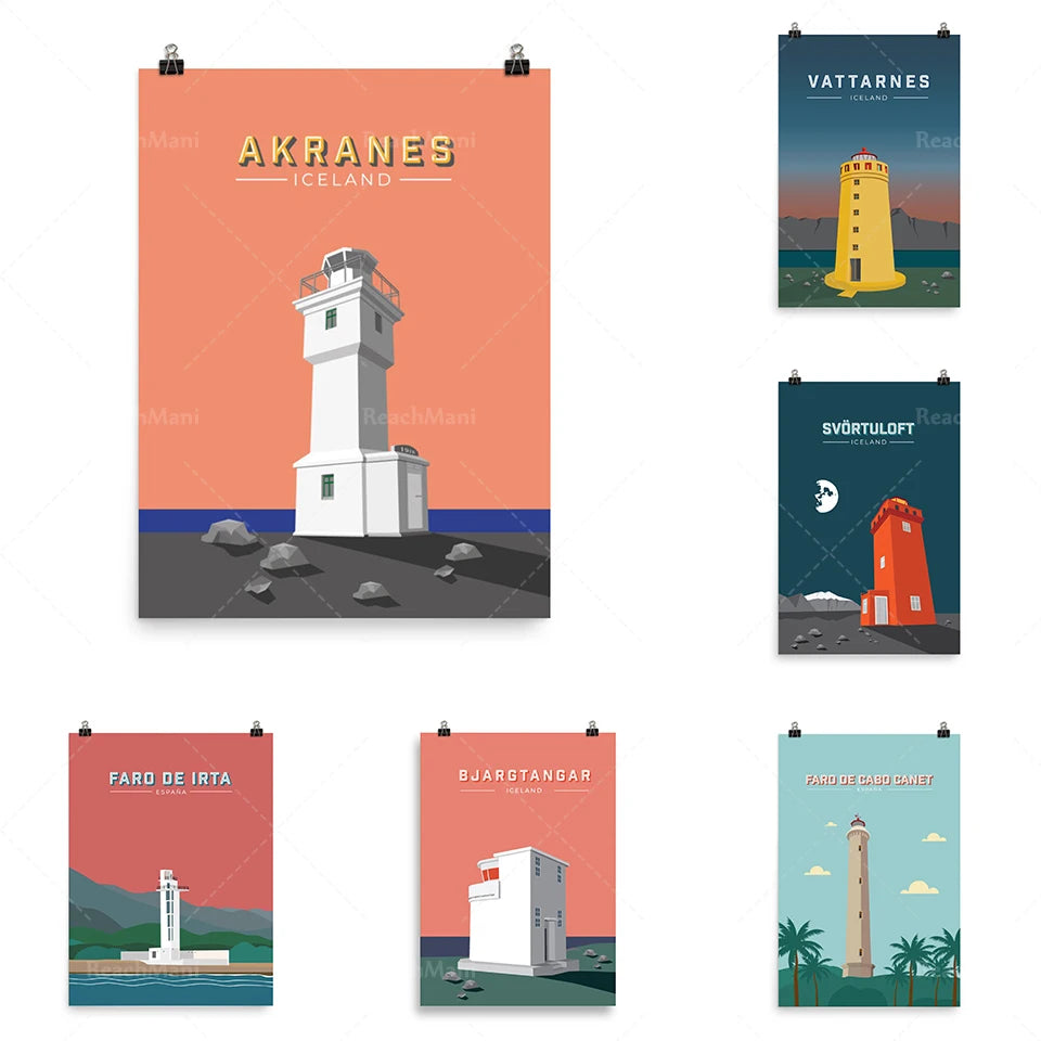 Affiches vintage de phares de différents pays, avec des styles graphiques et des couleurs vives représentant ces sites emblématiques.