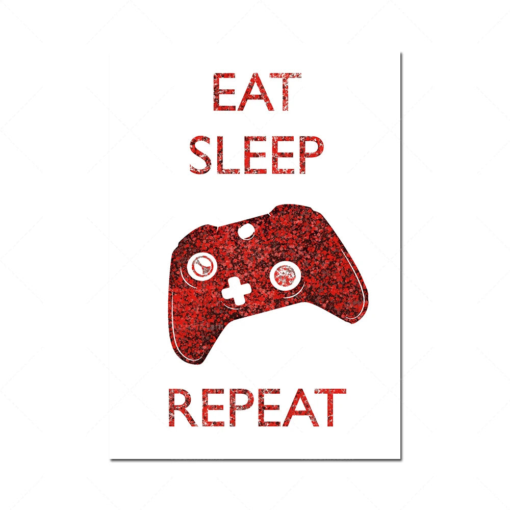 Phrase d'alt texte : Un manette de jeu rouge, avec le texte "Manger, dormir, répéter" écrit au-dessus.