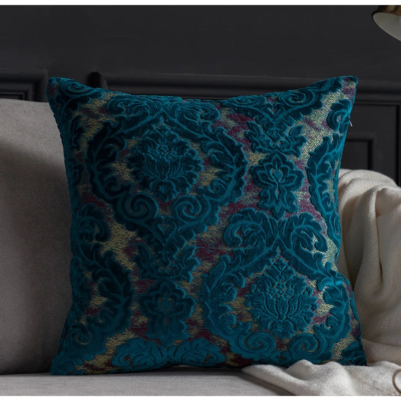 taies d'oreiller velours fleur motif floral damas relief élégantes classiques beige vert bleu marron