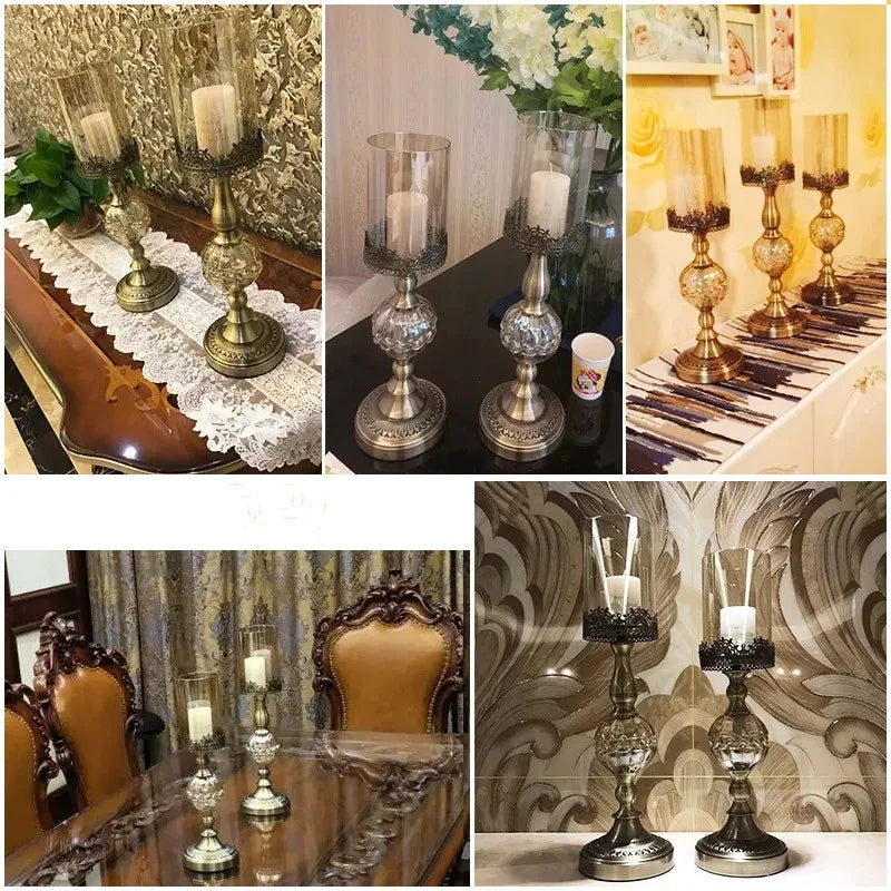 bougeoirs dorés transparents supports bougie colonne texture ornée vintage décoration maison chandelles floraux