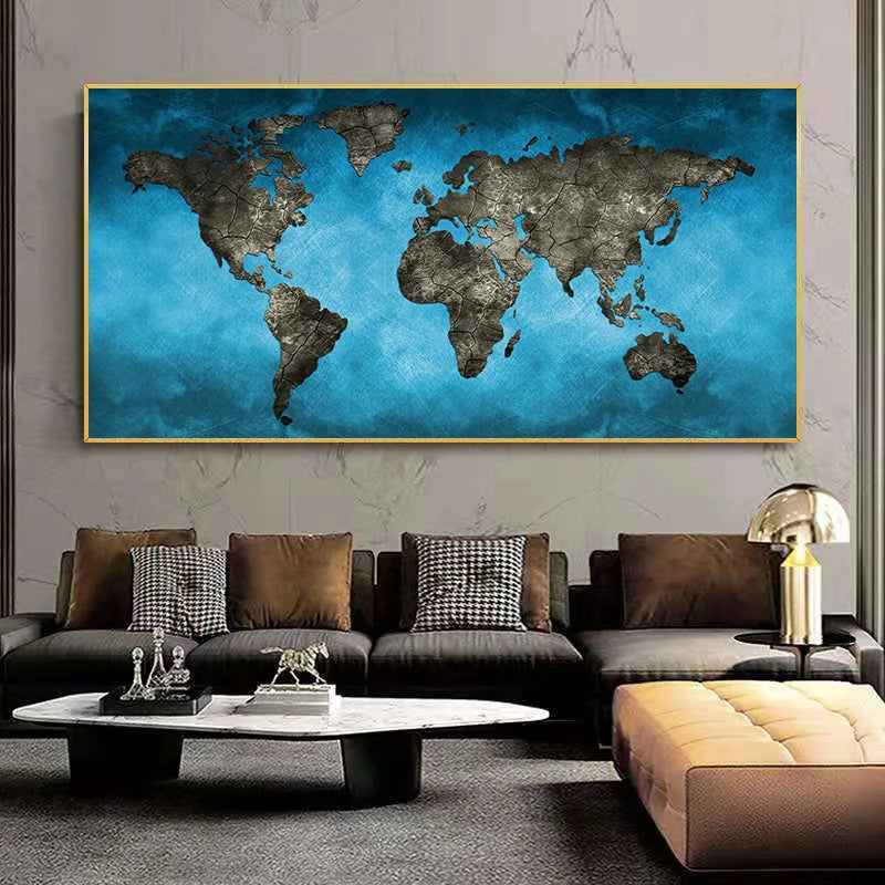 impression toile carte monde bleu moderne décoration intérieure salon chambre enfant affiche horizontal vieilli
