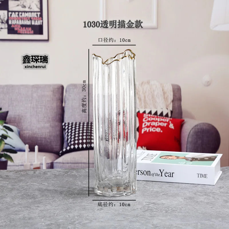 vase verre transparent moderne rayures horizontales couleurs vert gris rose rouge dorés fleurs artificielles