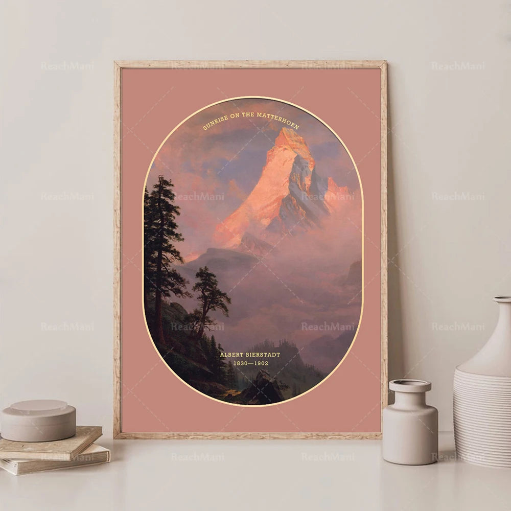 Une peinture murale en couleurs chaudes représentant une montagne majestueuse au coucher du soleil.