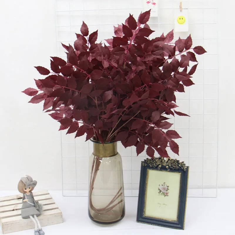 Bouquet artificiel feuilles simples moderne vase transparent hauteur 92cm rouge foncé vertclair blanc