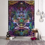 tapis mural psychédélique motifs cosmiques couleurs vives méditation animaux dauphins girafes galaxies étoiles lune