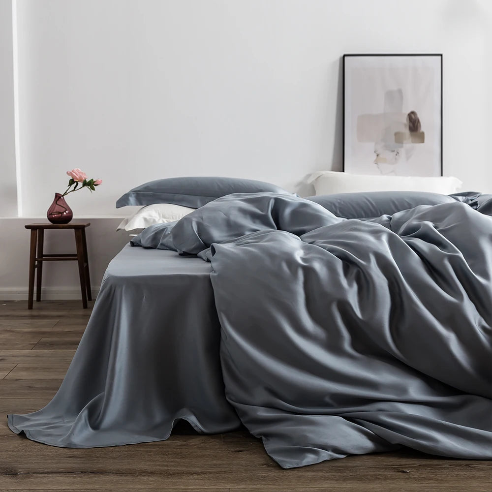 ensemble literie soie rose poudré drap housse taies oreillers minimaliste moderne élégant doux respirant