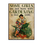 Toile d'art vintage illustration femme jardinage pots fleurs pelle verte beige noire blanche