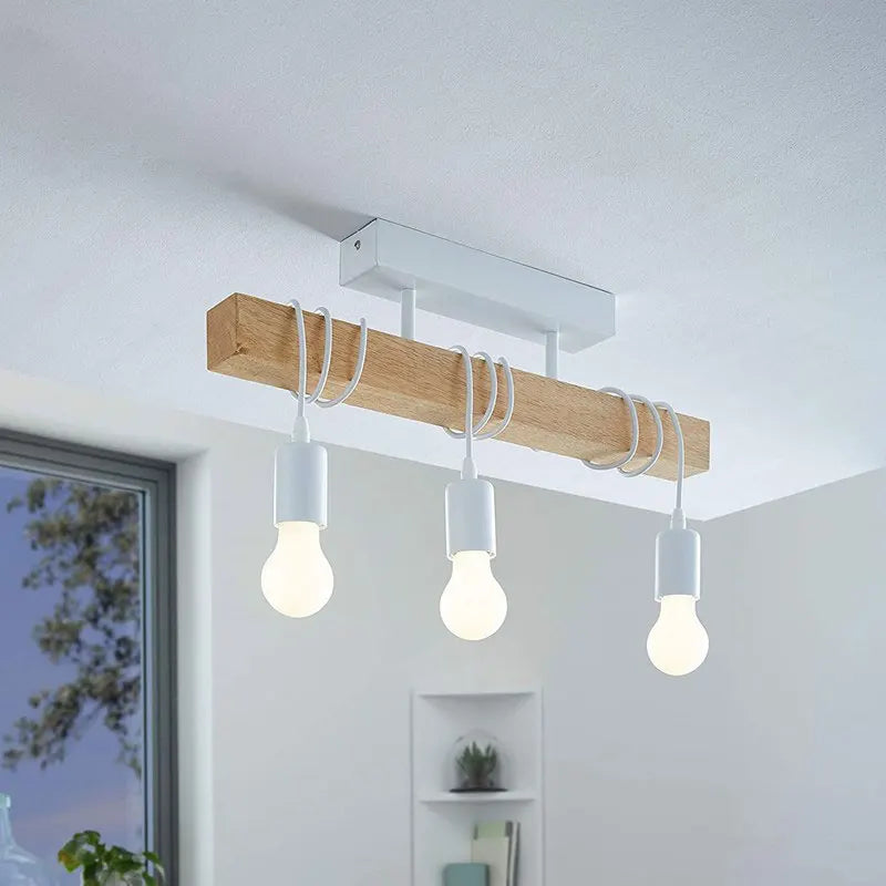 suspension lumineuse industrielle moderne bois naturel noir ampoules e27 clips métalliques chambre salon étude