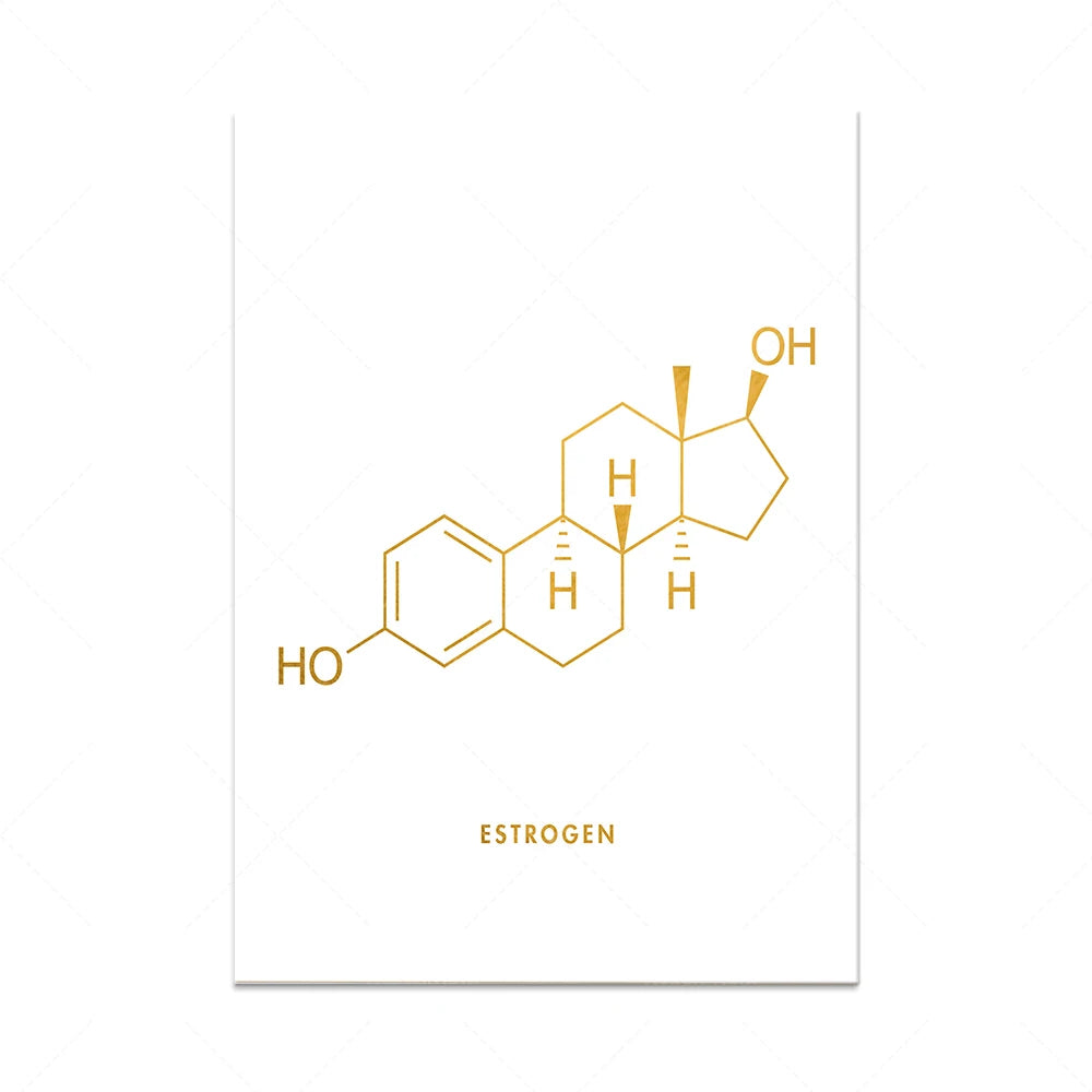Schéma moléculaire doré représentant la structure chimique de l'estrogène.