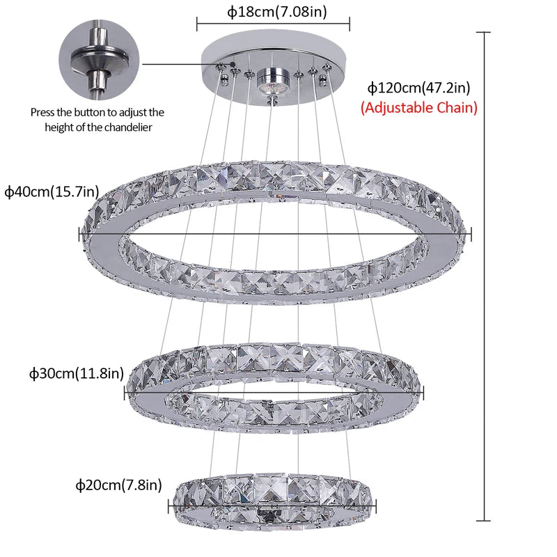 suspension lumineuse moderne anneaux cristal poli blanc doré strass haute luminosité télécommande