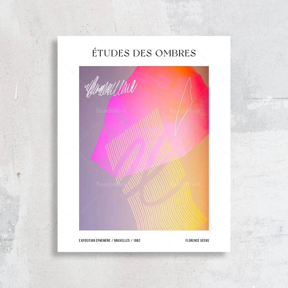Composition abstraite aux lignes dynamiques dans des teintes chaudes de rose, orange et jaune, intitulée "Études des ombres" et créée par l'artiste Florence Geens pour une exposition éphémère à Bruxelles en 1982.