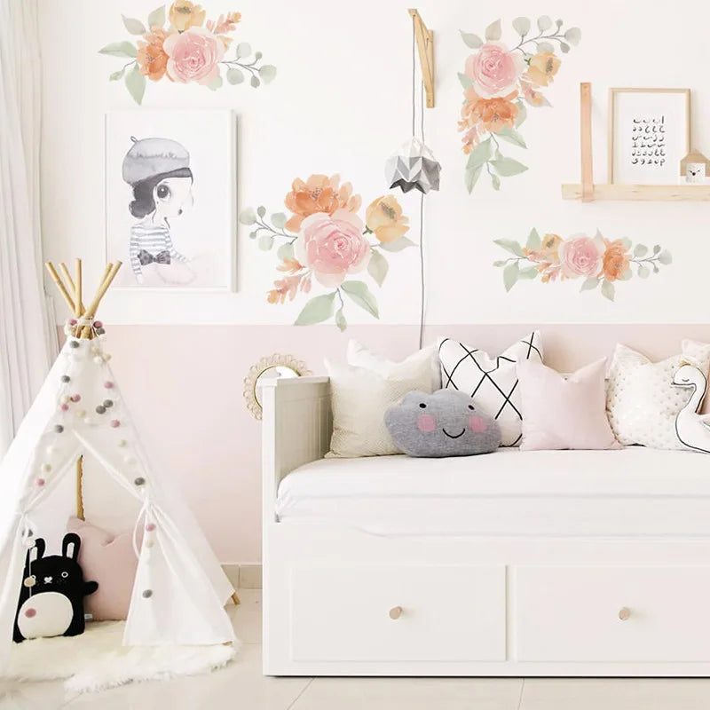stickers muraux fleurs watercolor rose beige vert clair autoadhésifs intérieur décoration florale chambre salon