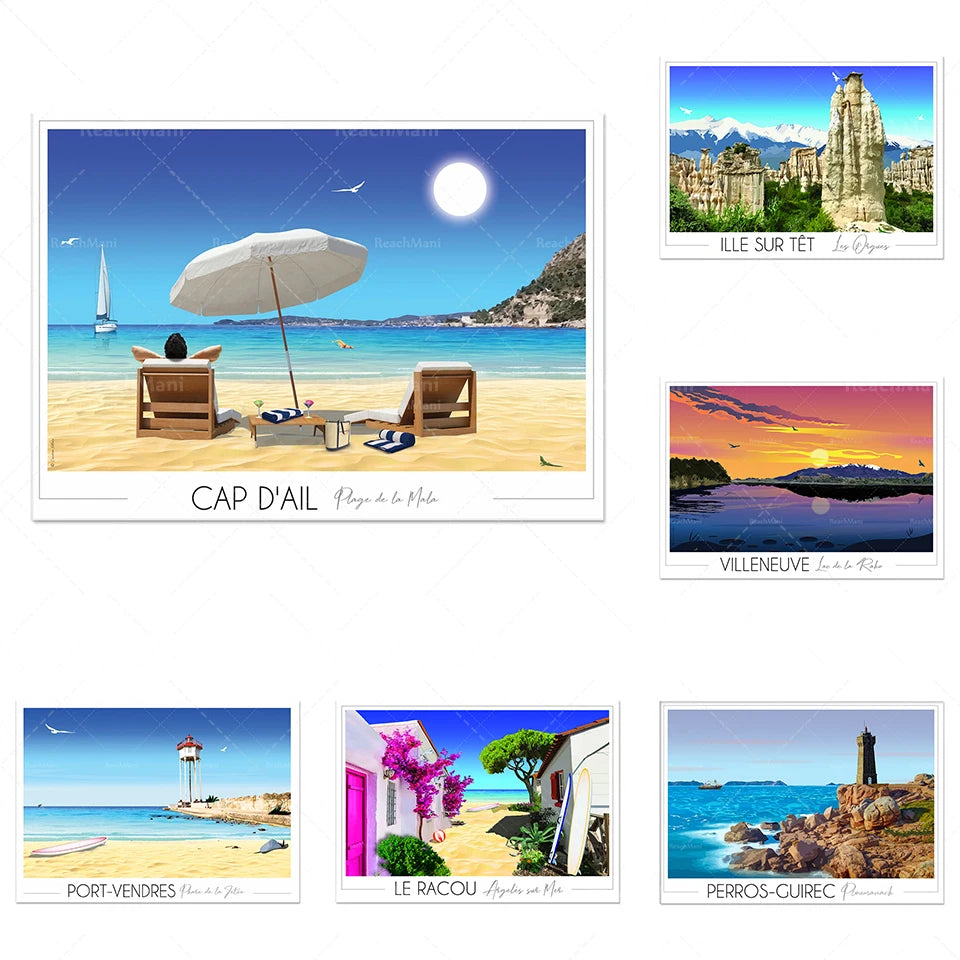 Une image composée de six illustrations de destinations touristiques en France, notamment une plage paradisiaque, une ville médiévale avec des falaises, un village méditerranéen coloré, et un phare près de l'océan.
