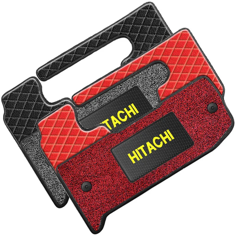 tapis sol rouge noir quilté moderne hitachi logo cabine véhicule