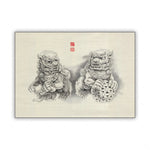 L'illustration montre deux créatures mythologiques chinoises ornées de motifs complexes et détaillés, dégageant une atmosphère traditionnelle et mystique.