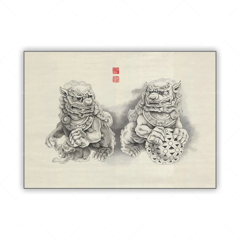 L'illustration montre deux créatures mythologiques chinoises ornées de motifs complexes et détaillés, dégageant une atmosphère traditionnelle et mystique.