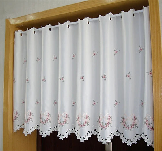 rideau semi transparent fleuri brodé blanc rose fenêtre chambre vintage 30cm 88cm