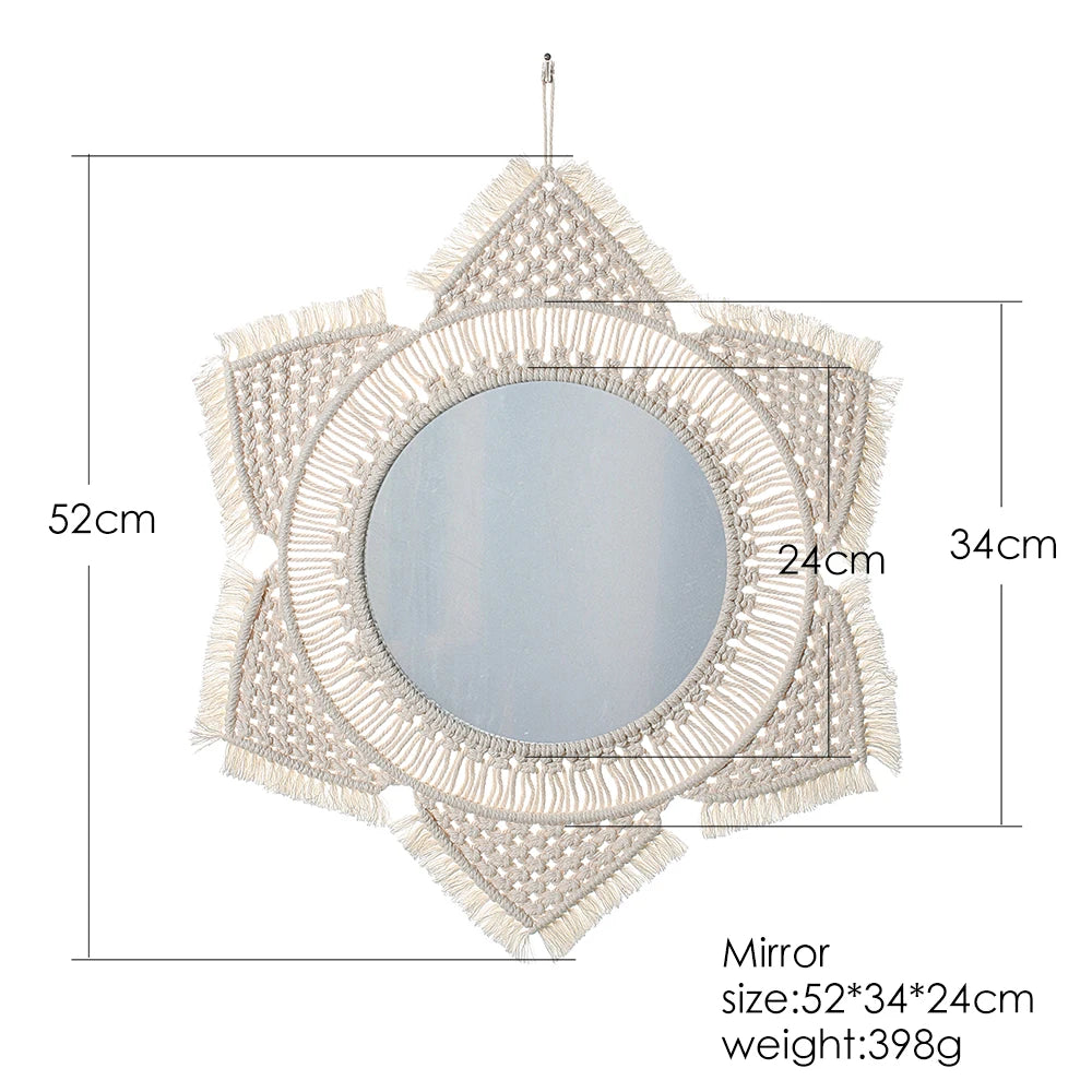 miroir decoratif boheme macramé franges étoile tressage blanc cassé geometrique chambre salon