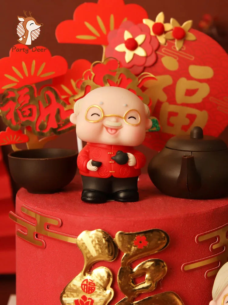décoration gâteau anniversaire mariage retraite thème festif personnages chinois théière fleurs rouges motifs traditionnels