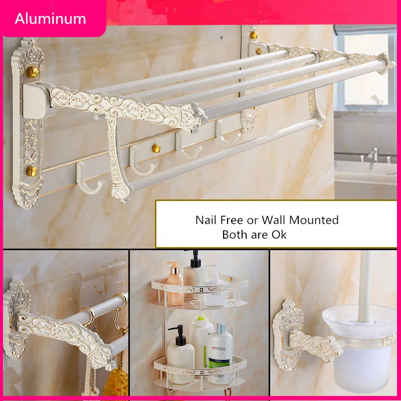 étagère salle bain blanc doré ornements sculptés finition art déco porte serviettes savon brosse