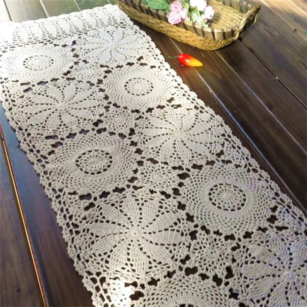 nappe coton crochetée fleur motif rustique table manger blanc cassé crème ajourée vintage 40x100cm