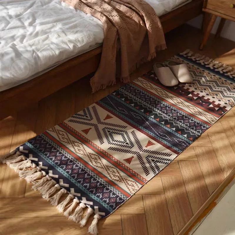 tapis boho chic motifs géométriques beige bleu orange franges extérieur plage