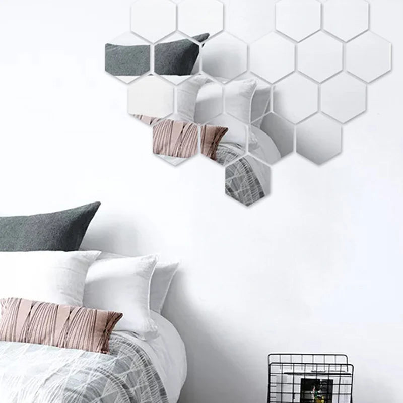 sticker miroir moderne argenté hexagonal adhésif décoration intérieure résistante humidité papier peint réfléchi