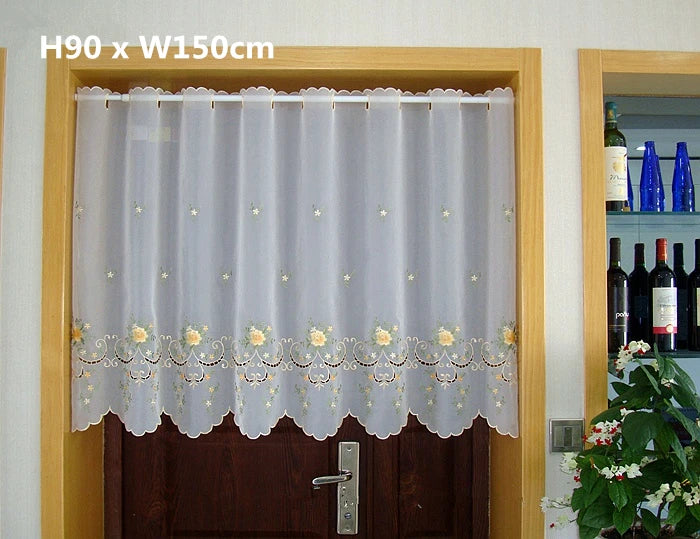 rideau blanc brodé fleurs or transparent classique fenêtre H30 W150 H90 W150 H75 W150