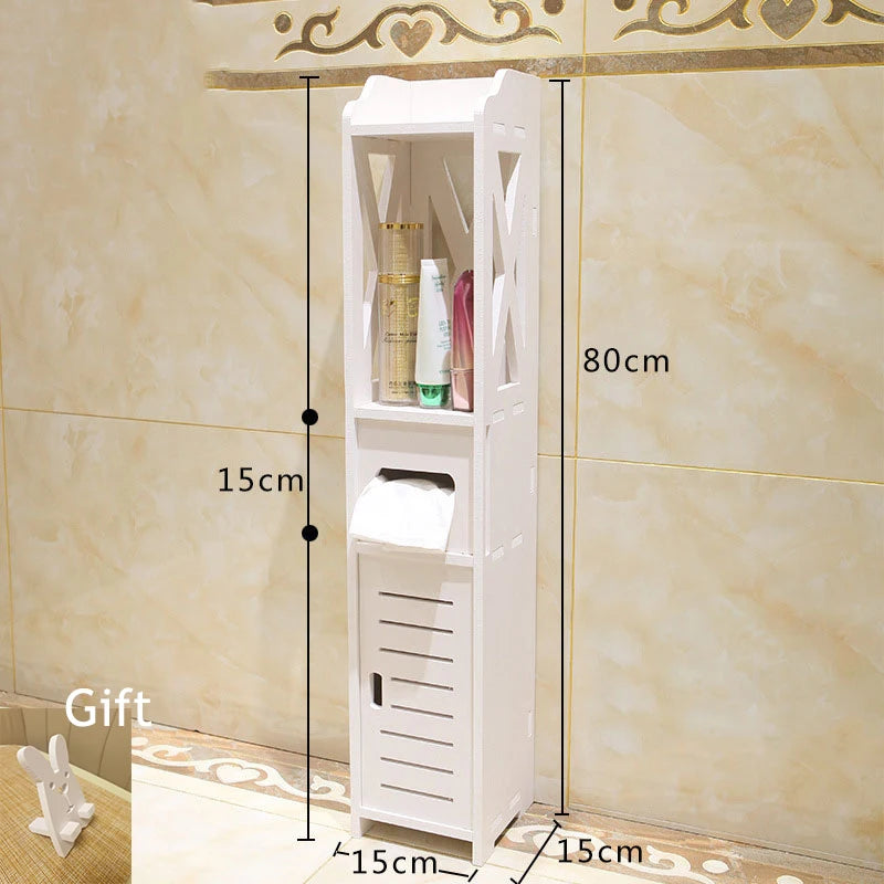 Étagère sur pied pour salle de bain en bambou jaune dans un coin de douche