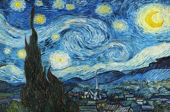 Toile impressionniste nuit étoilée sans cadre paysage abstrait bleu blanc vertical
