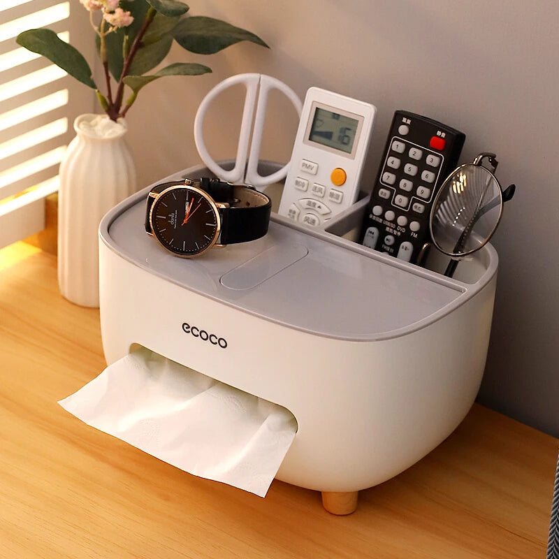 boîte mouchoirs multifonctionnelle blanc moderne rangement compartiments réutilisables respectueux environnement minimaliste pieds simples
