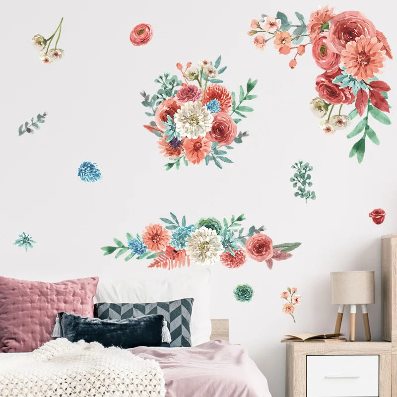 sticker mural fleurs art floral adhésif rose blanc vert bleu 30cm 90cm 68cm 50cm