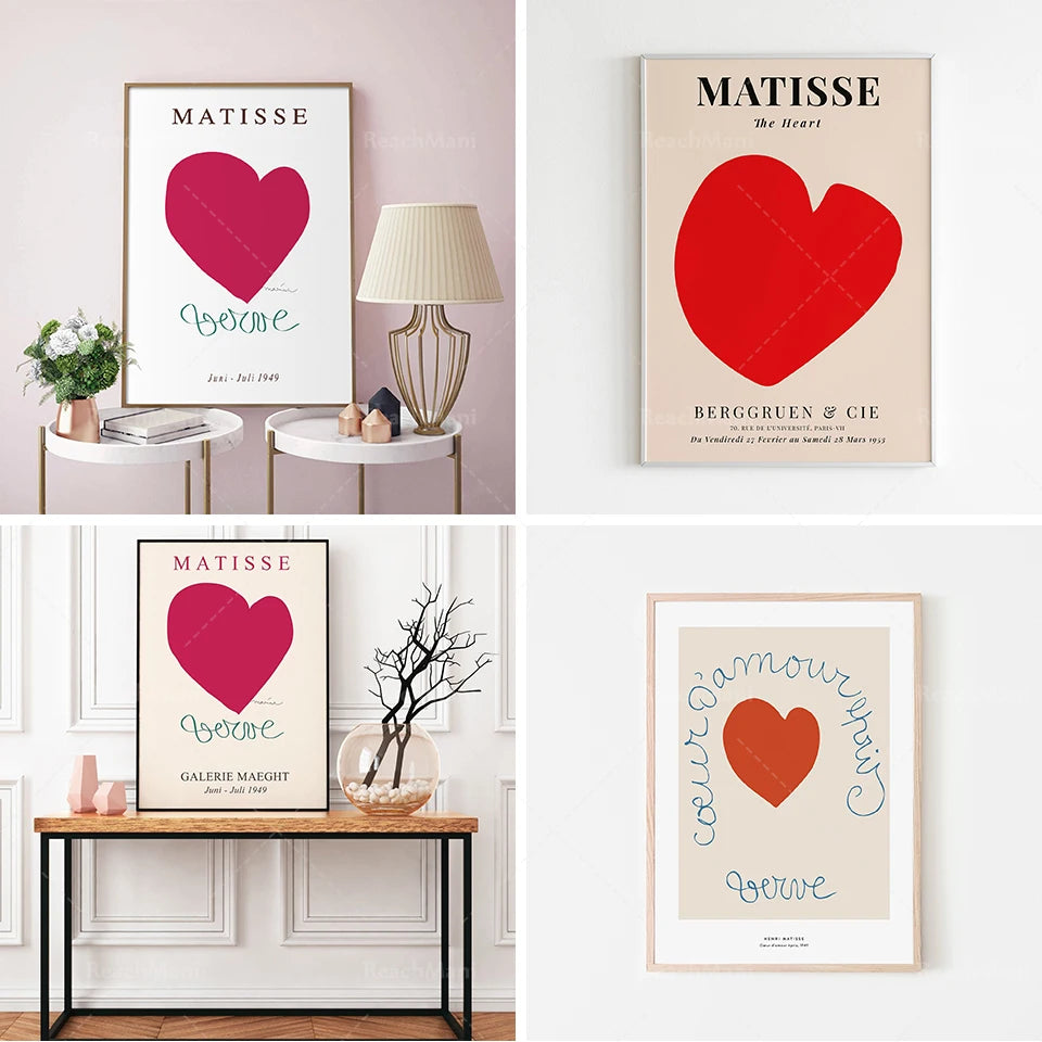 Des affiches vintage de Matisse mettant en valeur un cœur stylisé, avec différentes compositions et styles de présentation décorative.