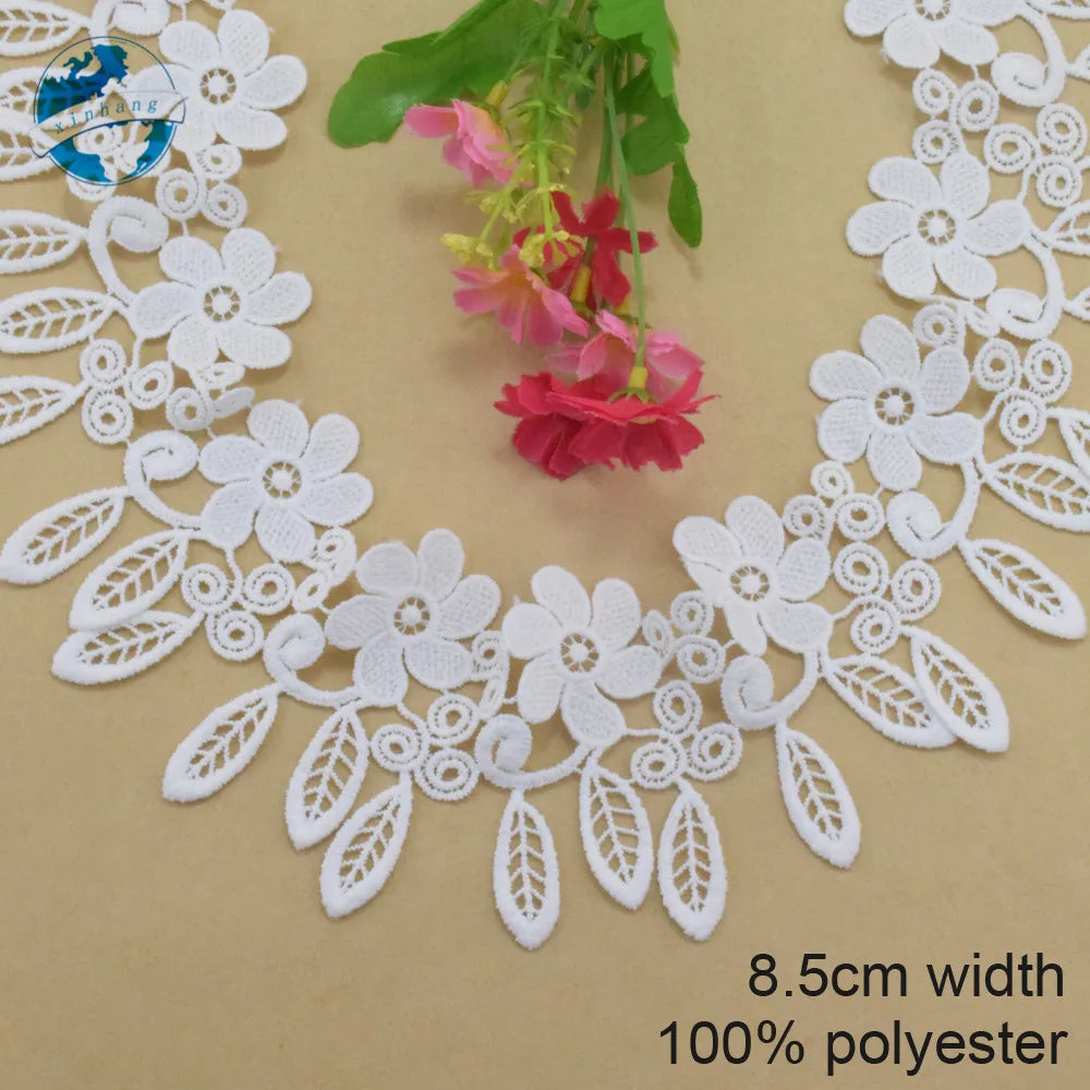 ruban dentelle polyester blanc fleurs feuilles 8.5cm largeur classique élégant couture bricolage accessoires decoration