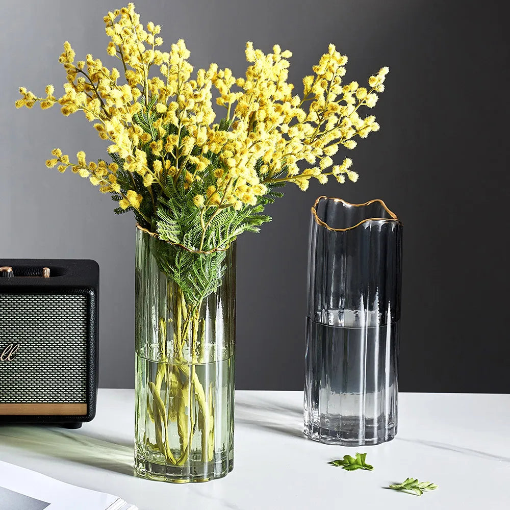 vase verre transparent moderne rayures horizontales couleurs vert gris rose rouge dorés fleurs artificielles